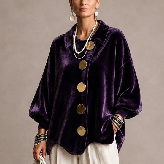 Dam Sammetslook Blus med Guldknappar in lila, Elegant Vintage