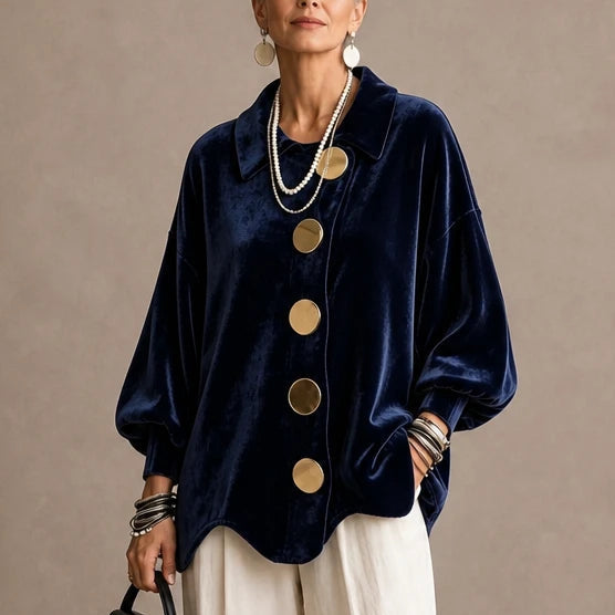 Dam Sammetslook Blus med Guldknappar in marinblå, Elegant Vintage