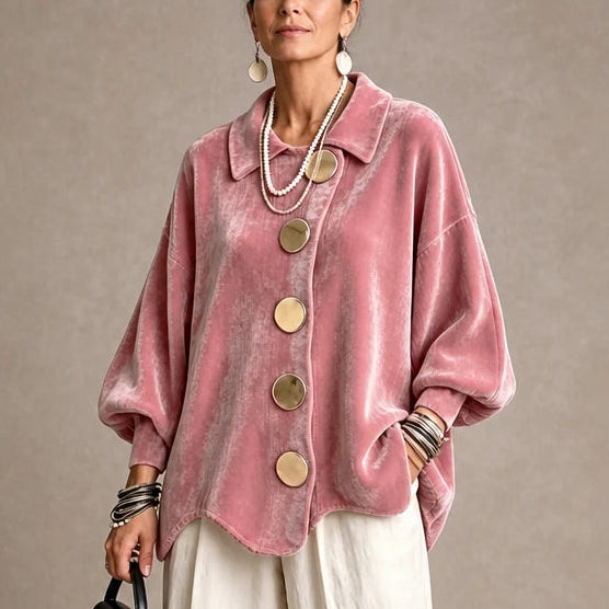 Dam Sammetslook Blus med Guldknappar in rosa, Elegant Vintage