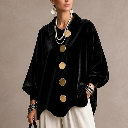 Dam Sammetslook Blus med Guldknappar in svart, Elegant Vintage