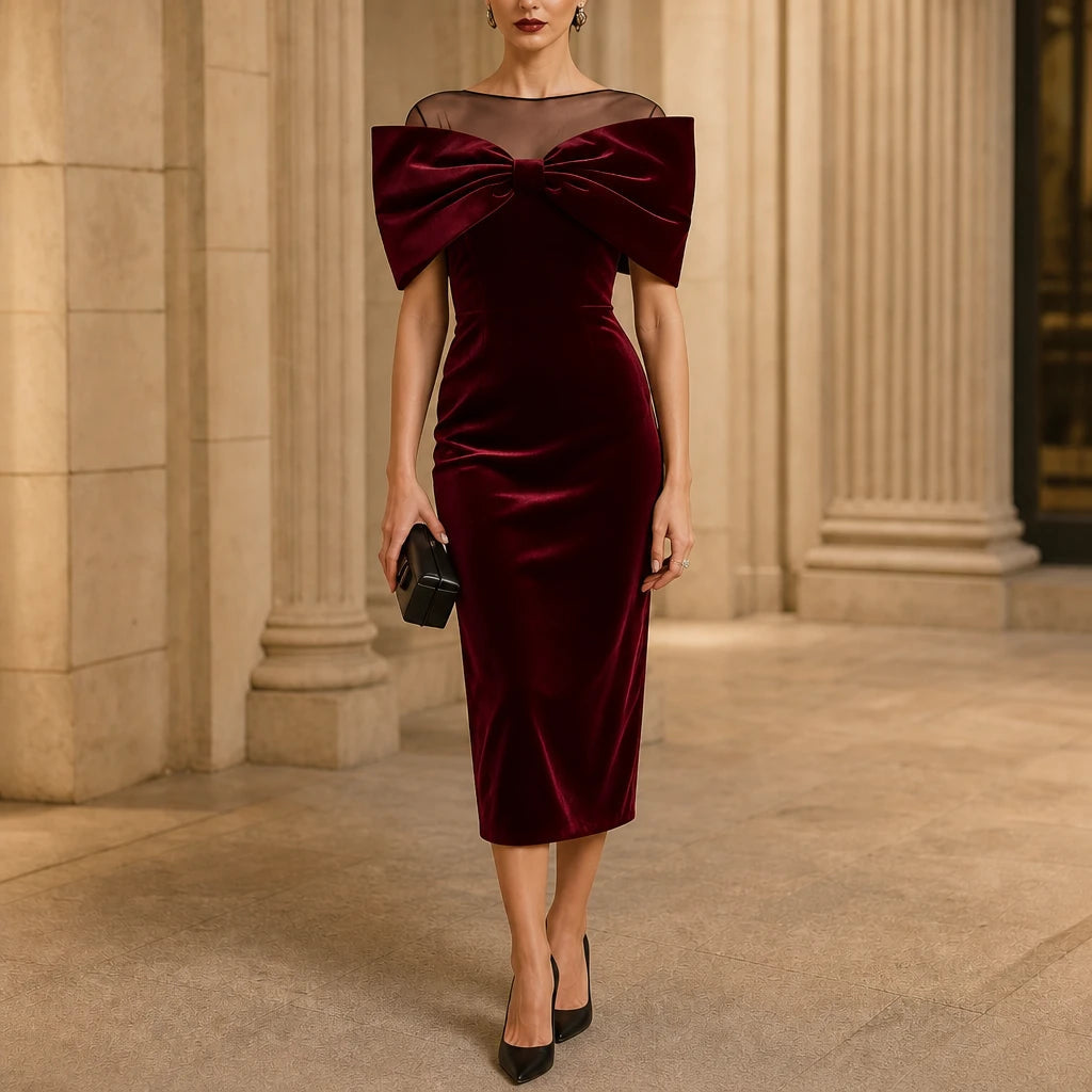 Dam Sammetslook Midiklänning med Rosettdetalj in bordeaux, Elegant