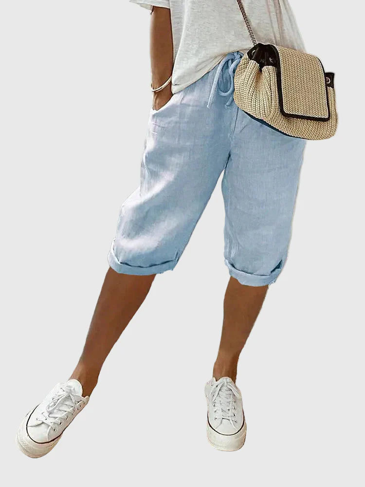 Dam Shorts i Bomull-Linne - Bekväm Vardagsstil - Blå