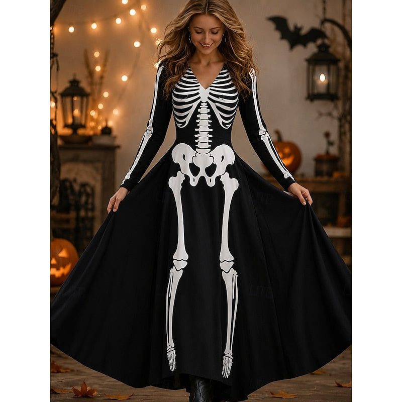 Dam Skelett Ros Maxiklänning in vit, Halloween Gotisk Stil