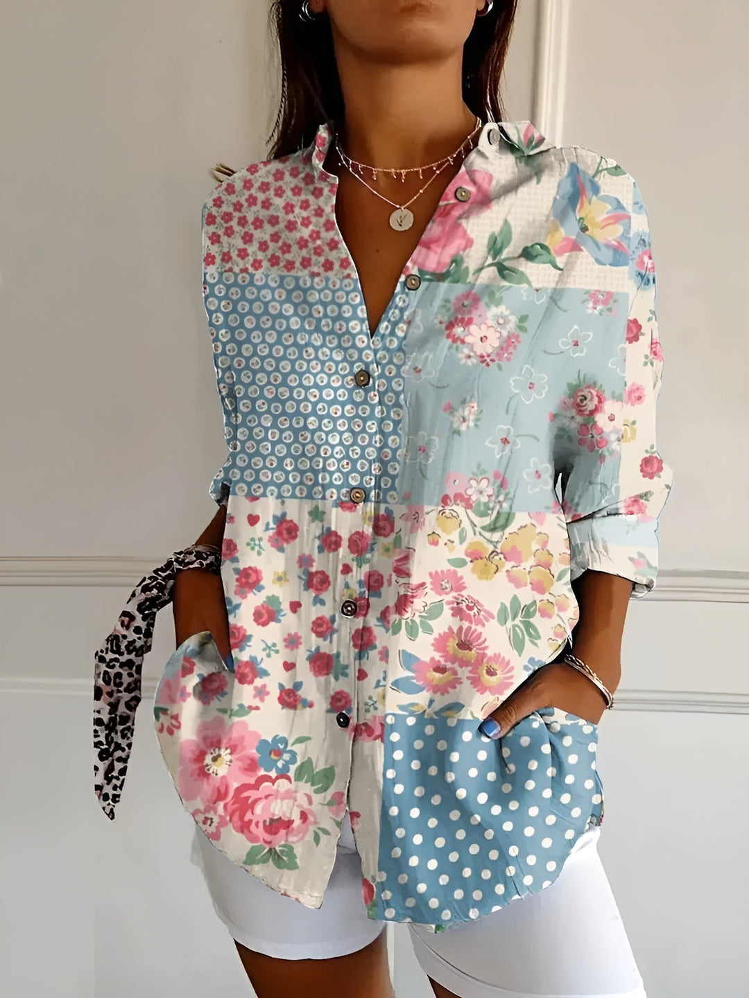 Dam Skjorta med Knappslutning - Klassisk Elegant Stil - Blå blomster