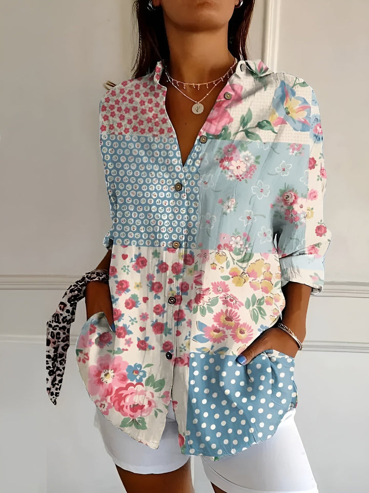 Dam Skjorta med Knappslutning - Klassisk Elegant Stil - Blå blomster