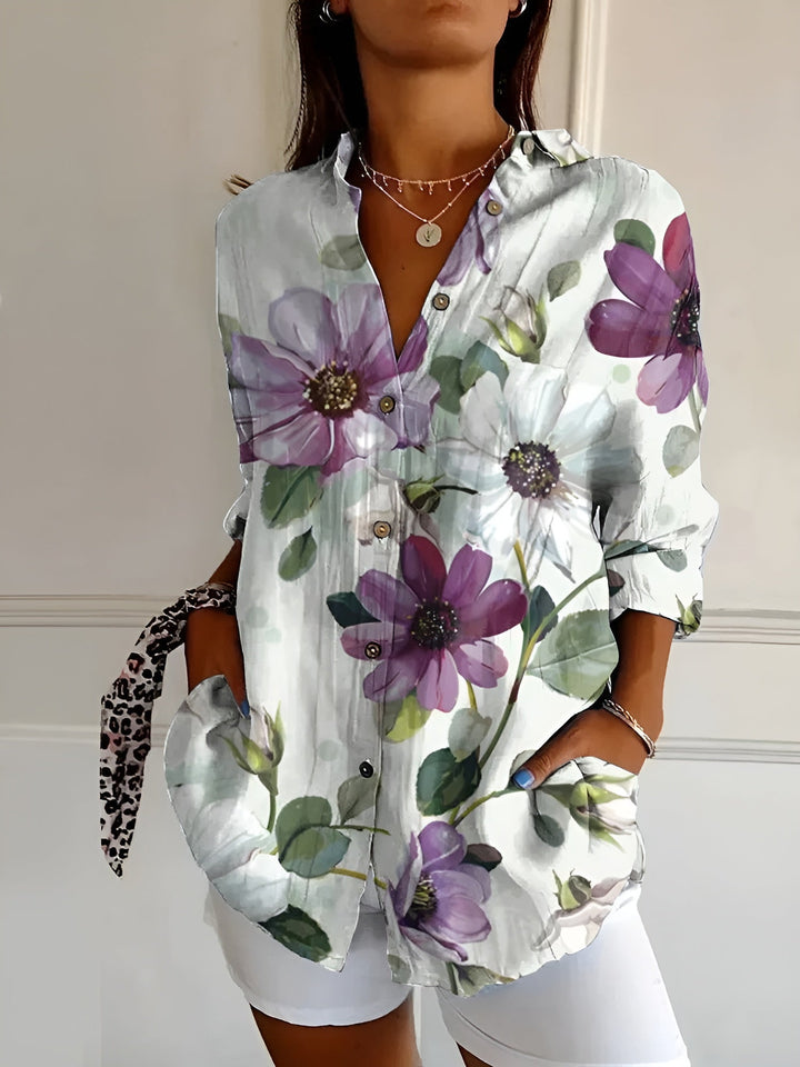 Dam Skjorta med Knappslutning - Klassisk Elegant Stil - Lila blomster