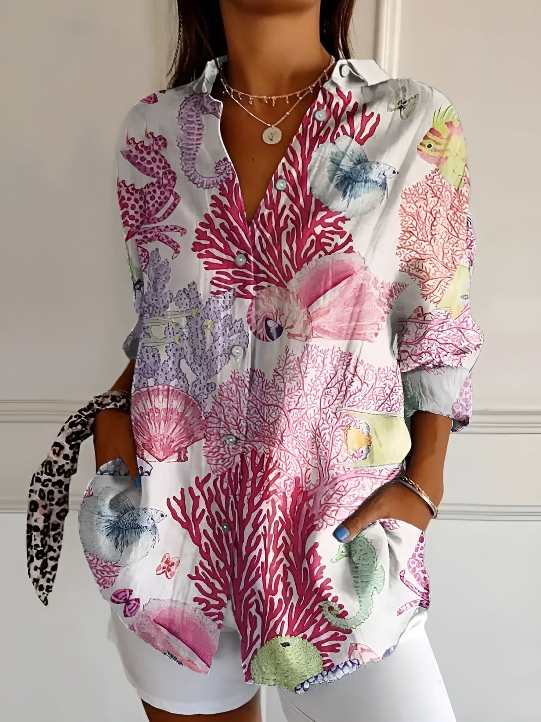 Dam Skjorta med Knappslutning - Klassisk Elegant Stil - Rosa blomster