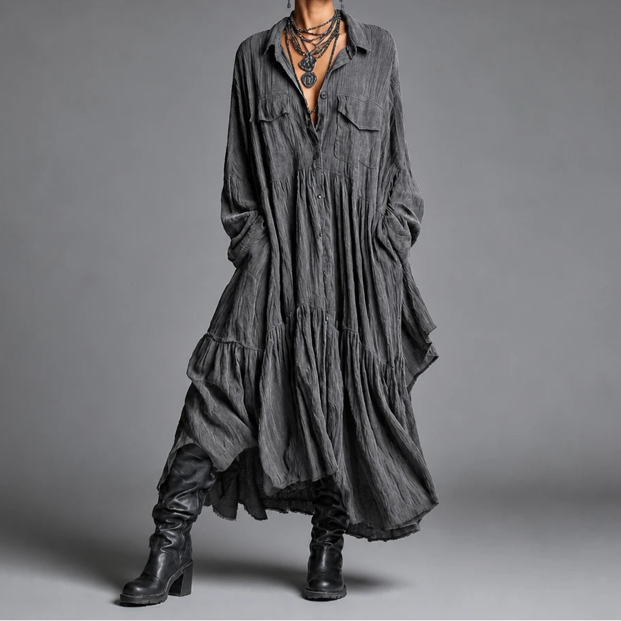 Dam skjortklänning med volanger in grå, Oversized maxi