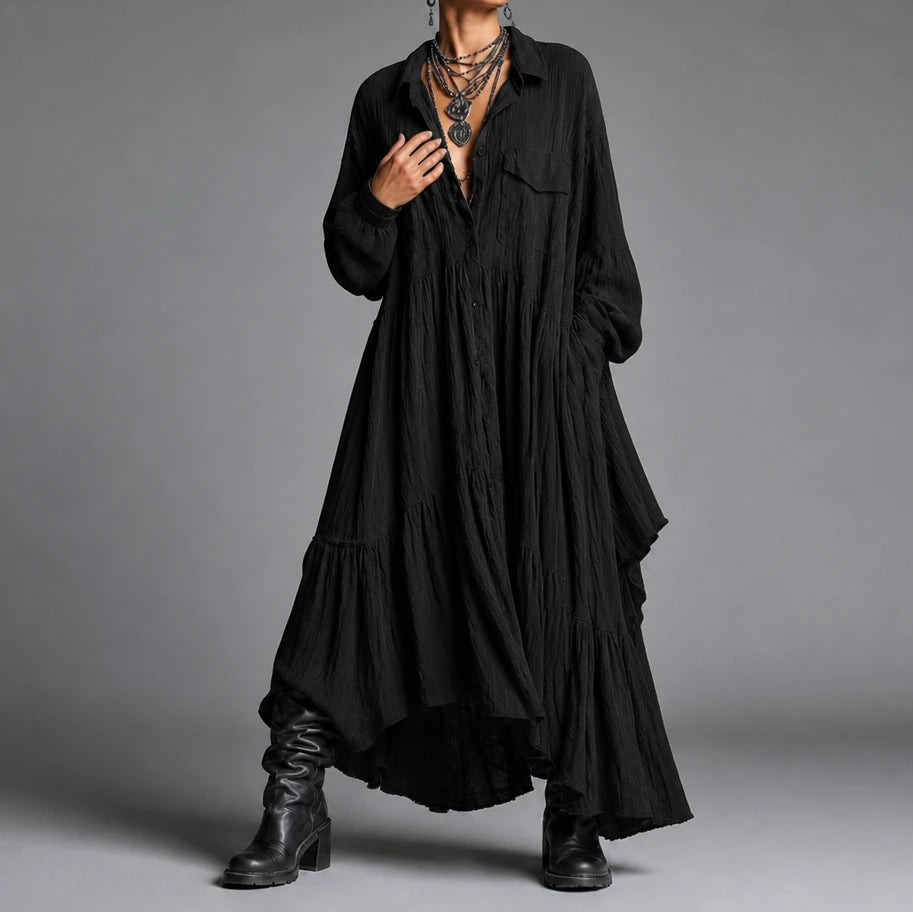 Dam skjortklänning med volanger in svart, Oversized maxi