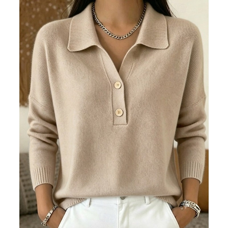 Dam Skjortkrage Pullover in khaki, Klassisk Elegant