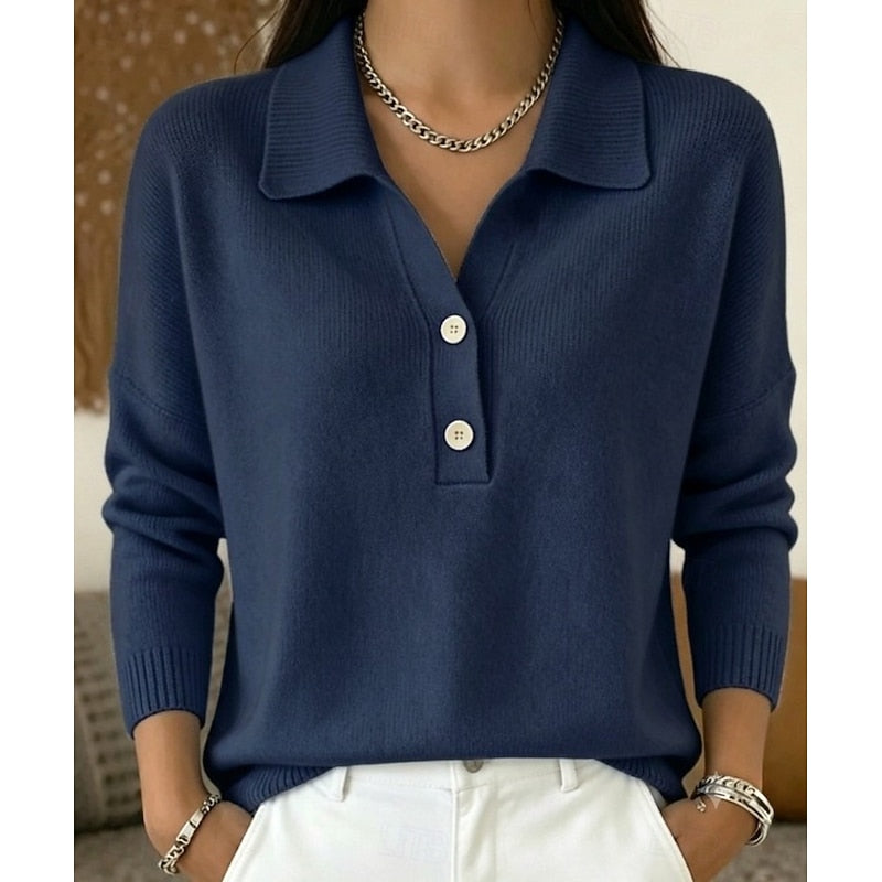 Dam Skjortkrage Pullover in marinblå, Klassisk Elegant