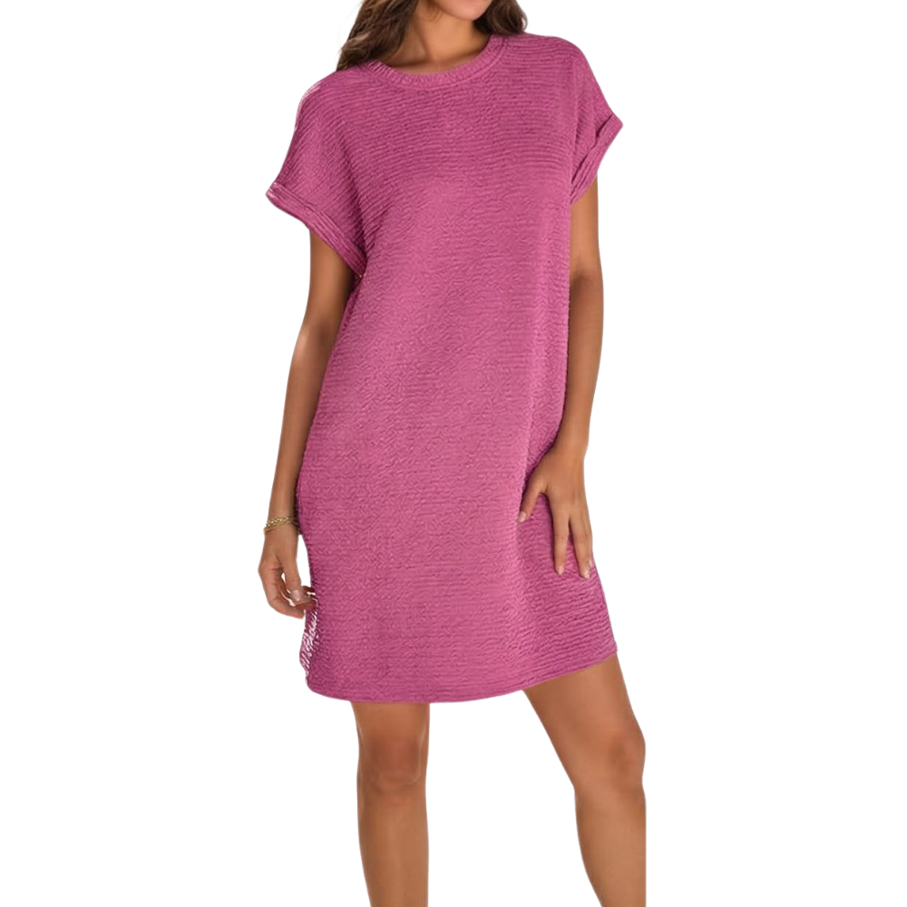 Dam Sommarklänning med Djupa Fickor - Skrynklig Knit - Mörkrosa