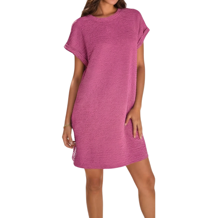 Dam Sommarklänning med Djupa Fickor - Skrynklig Knit - Mörkrosa