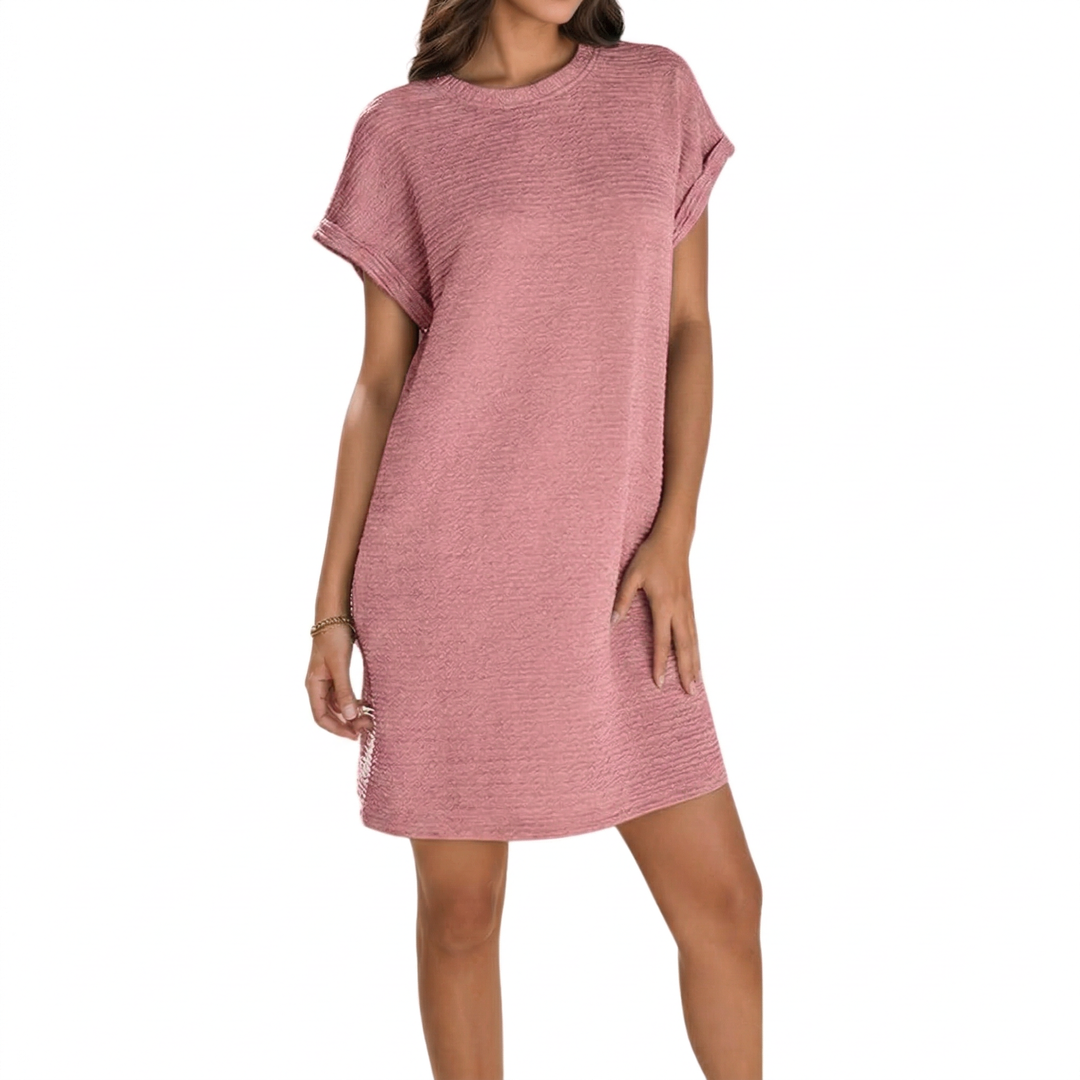 Dam Sommarklänning med Djupa Fickor - Skrynklig Knit - Rosa
