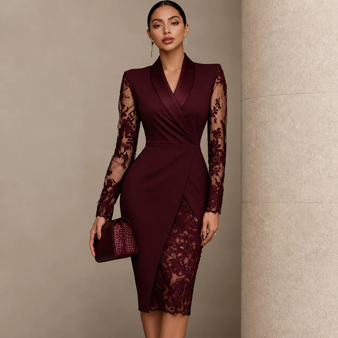 Dam Spetsärm Blazer Klänning in burgundy, Asymmetrisk Spetsspegel