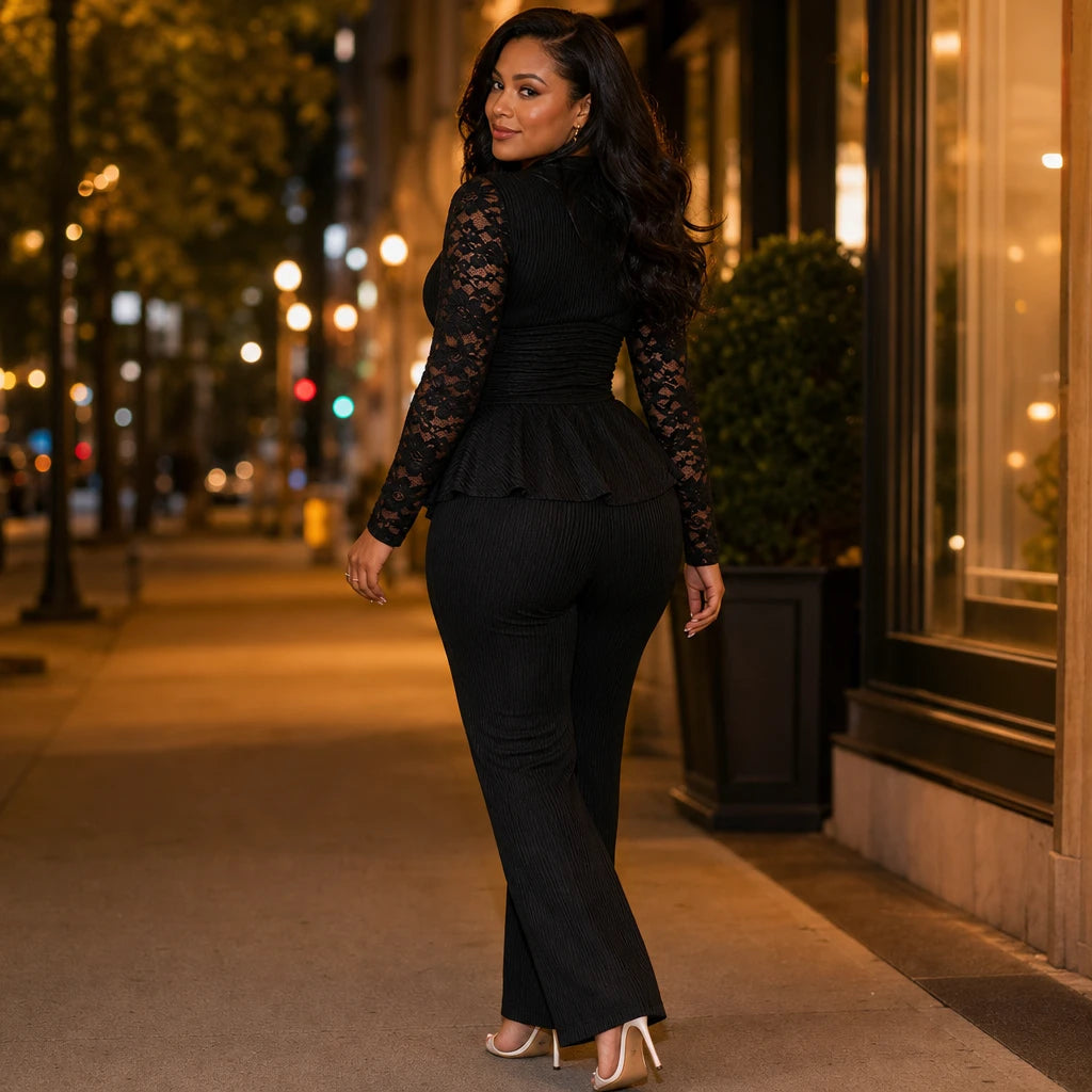 Dam Spetsad Peplum Kostym - Elegant Tvådelad Outfit