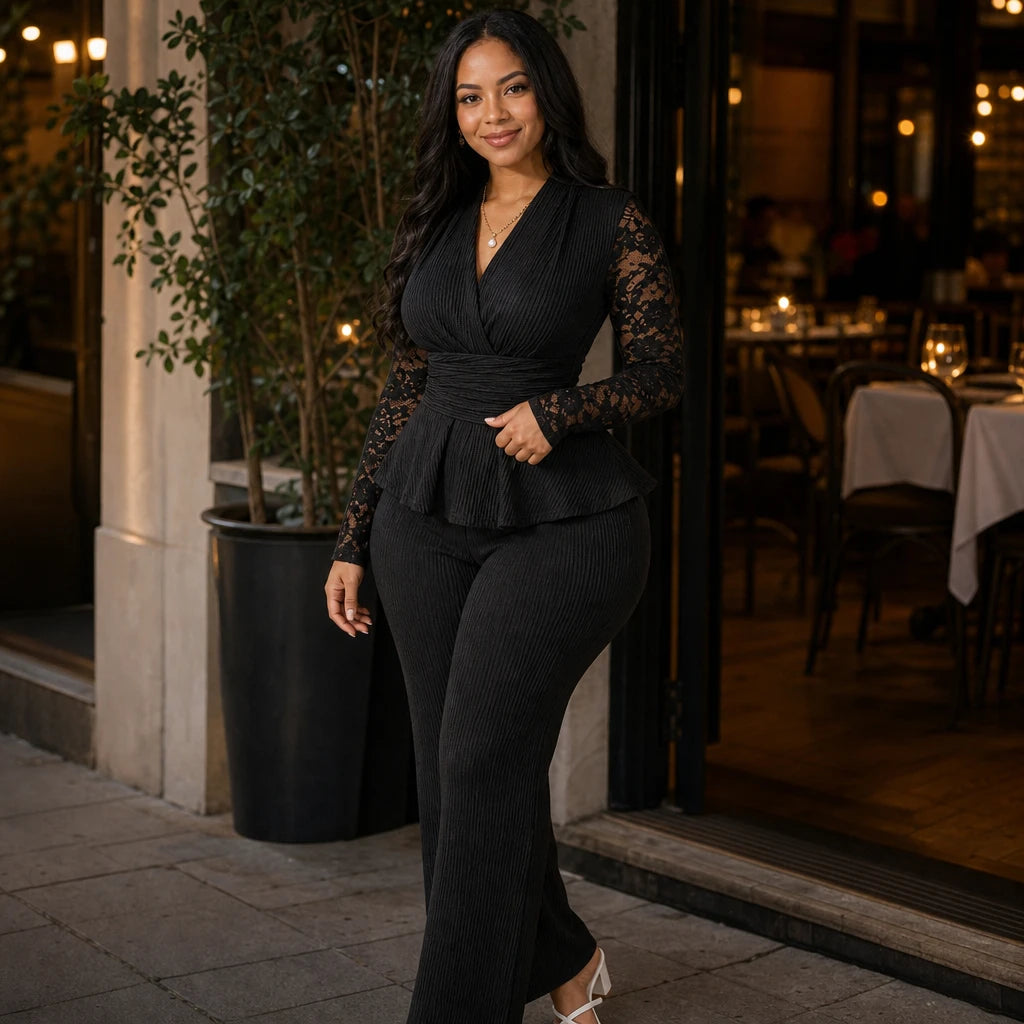 Dam Spetsad Peplum Kostym - Elegant Tvådelad Outfit