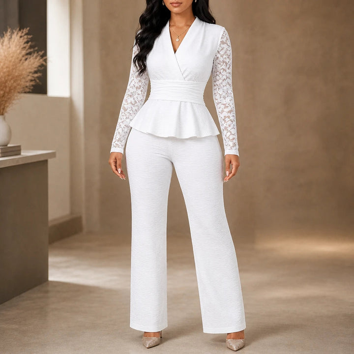 Dam Spetsad Peplum Kostym in vit, Elegant Tvådelad Outfit
