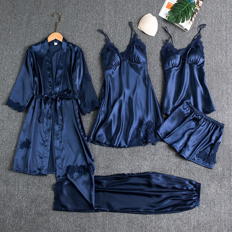 Dam Spetsdetaljer Pyjamasset in blå, Elegant Nattlinne