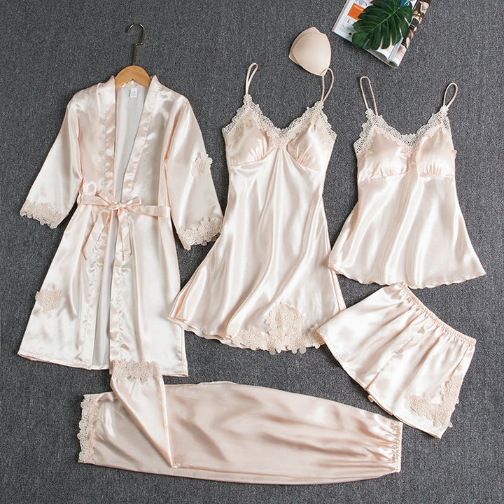 Dam Spetsdetaljer Pyjamasset in vit guld, Elegant Nattlinne
