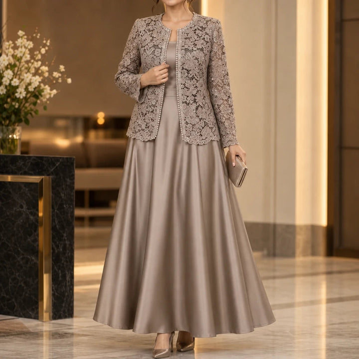 Dam Spetsklänning Jacka Och Satinlook Maxikjol Set in taupe grå, Elegant