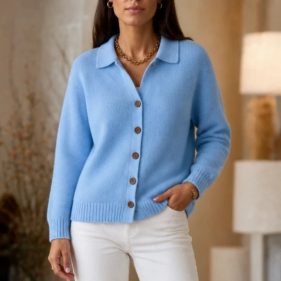 Dam Stickad Cardigan med Vändbar Krage in blå, Klassisk Stil