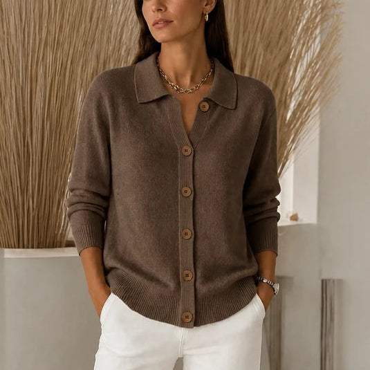 Dam Stickad Cardigan med Vändbar Krage in brun, Klassisk Stil