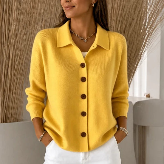 Dam Stickad Cardigan med Vändbar Krage in gul, Klassisk Stil