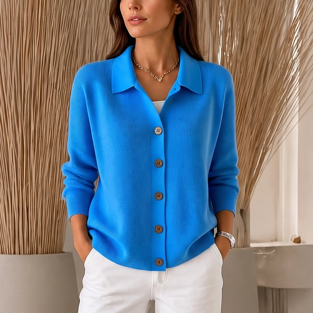 Dam Stickad Cardigan med Vändbar Krage in himmelblå, Klassisk Stil