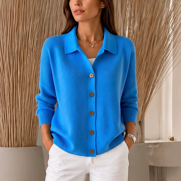Dam Stickad Cardigan med Vändbar Krage in himmelblå, Klassisk Stil