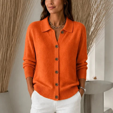 Dam Stickad Cardigan med Vändbar Krage in orange, Klassisk Stil