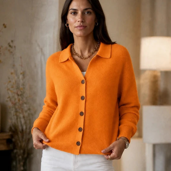 Dam Stickad Cardigan med Vändbar Krage in orange, Klassisk Stil