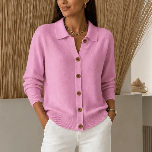 Dam Stickad Cardigan med Vändbar Krage in rosa, Klassisk Stil