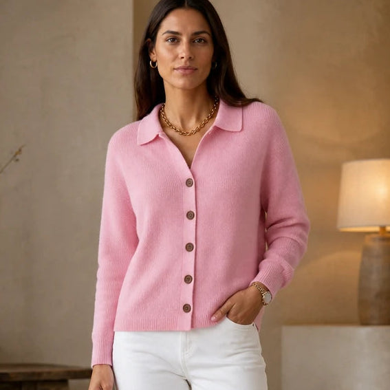 Dam Stickad Cardigan med Vändbar Krage in rosa, Klassisk Stil