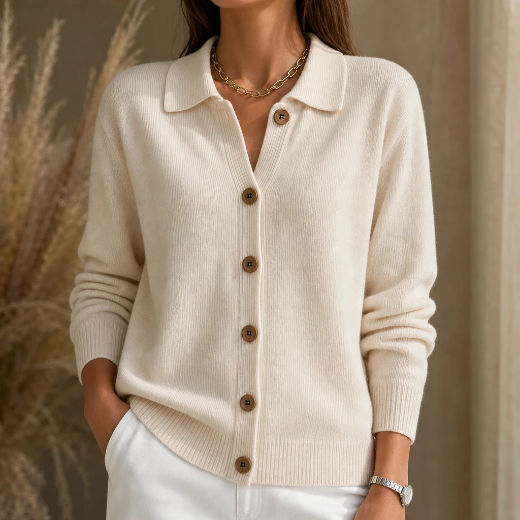 Dam Stickad Cardigan med Vändbar Krage - Klassisk Stil