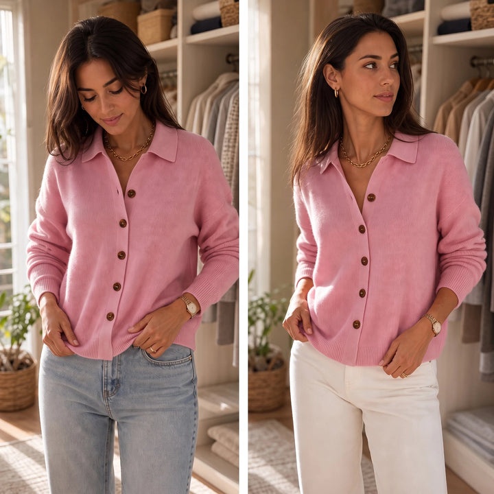 Dam Stickad Cardigan med Vändbar Krage - Klassisk Stil
