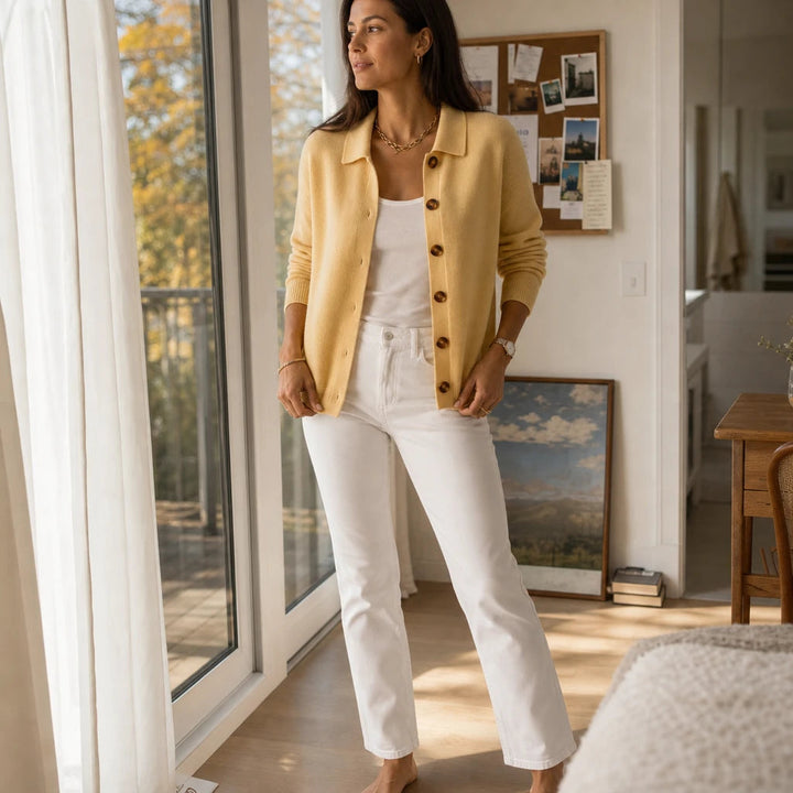 Dam Stickad Cardigan med Vändbar Krage - Klassisk Stil