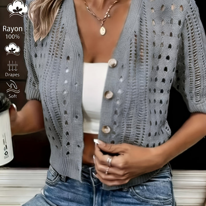 Dam Stickad Kortärmad Cardigan in mörkgrå, Elegant Öppen Stickning
