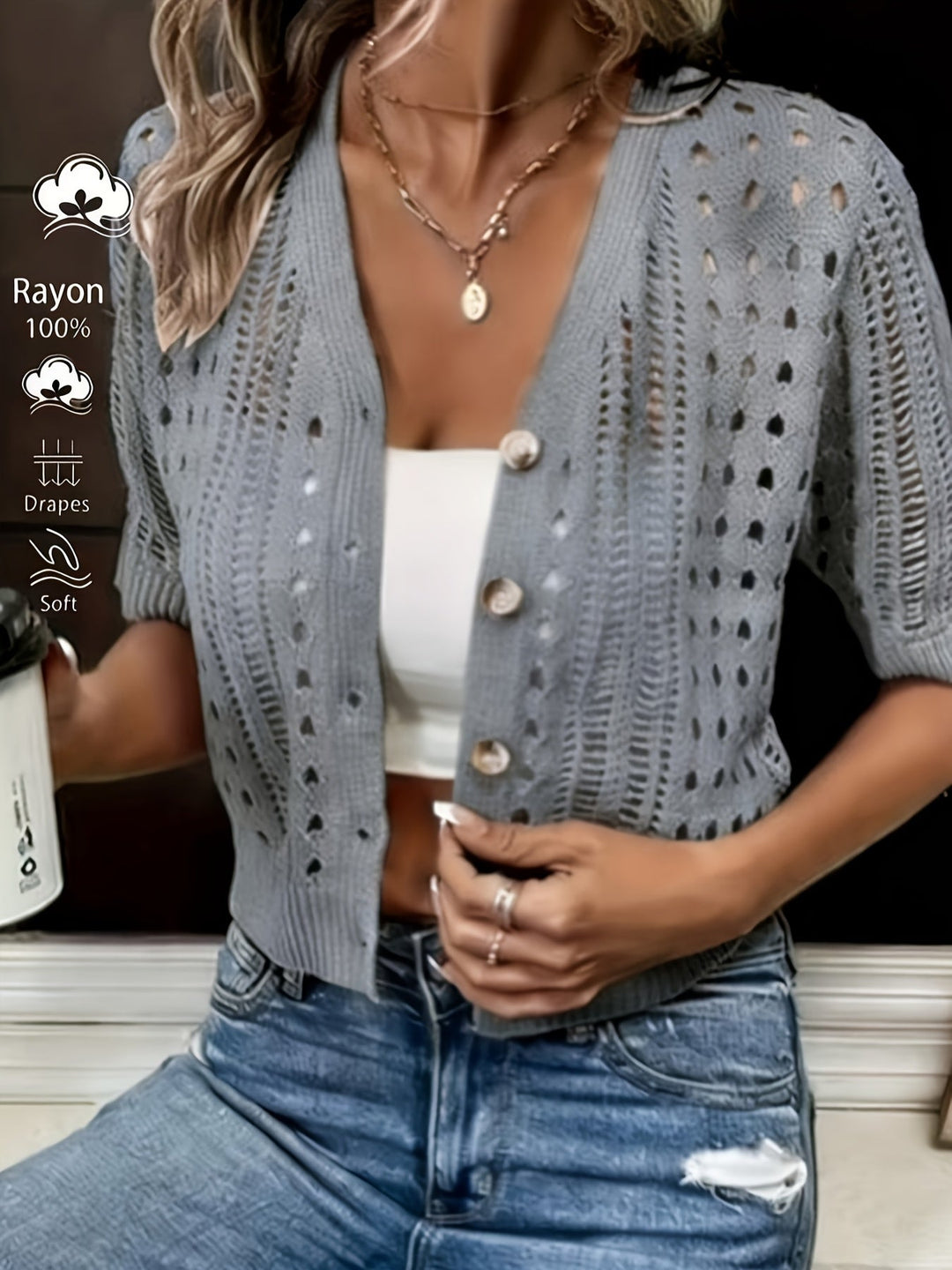 Dam Stickad Kortärmad Cardigan - Elegant Öppen Stickning