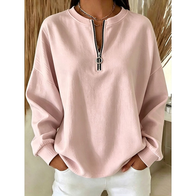 Dam Sweatshirt med Kvartsblixtlås in rosa, Klassisk Höghals