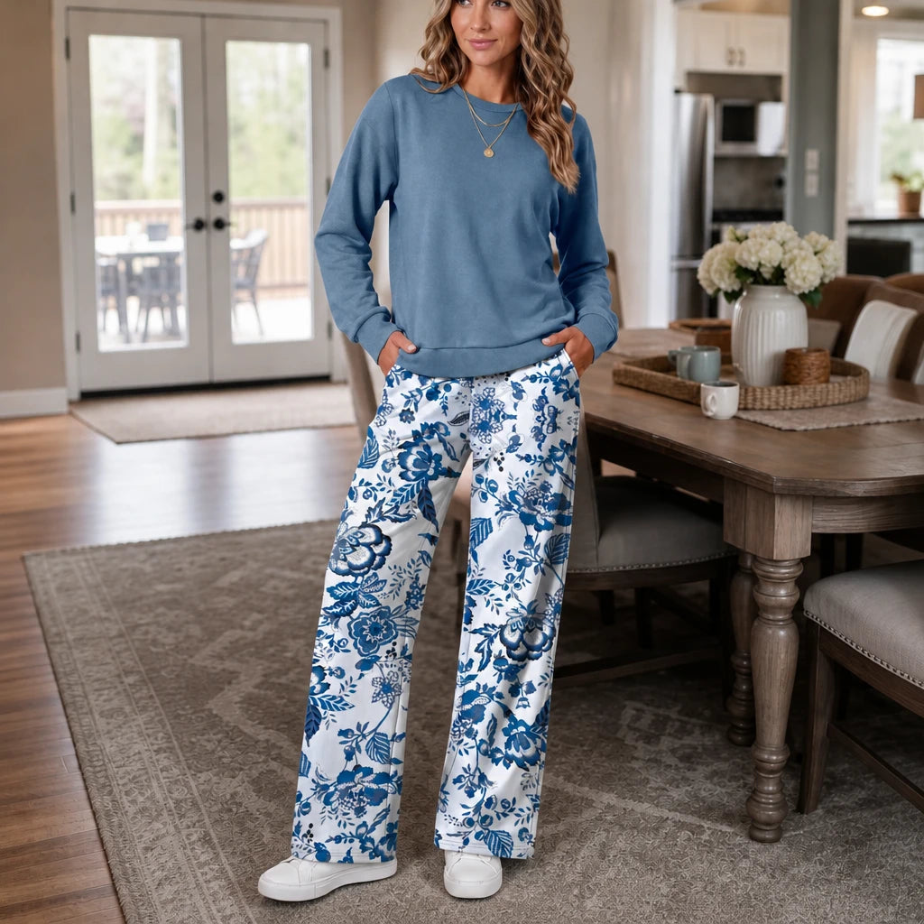 Dam Sweatshirt och vida byxor set in blå blommig, Bekväm loungewear