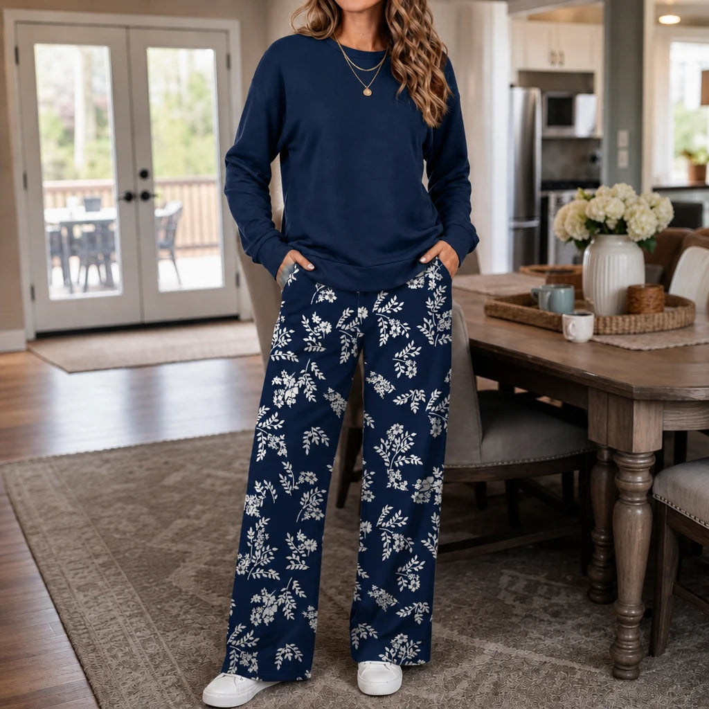 Dam Sweatshirt och vida byxor set in marinblå blommig, Bekväm loungewear
