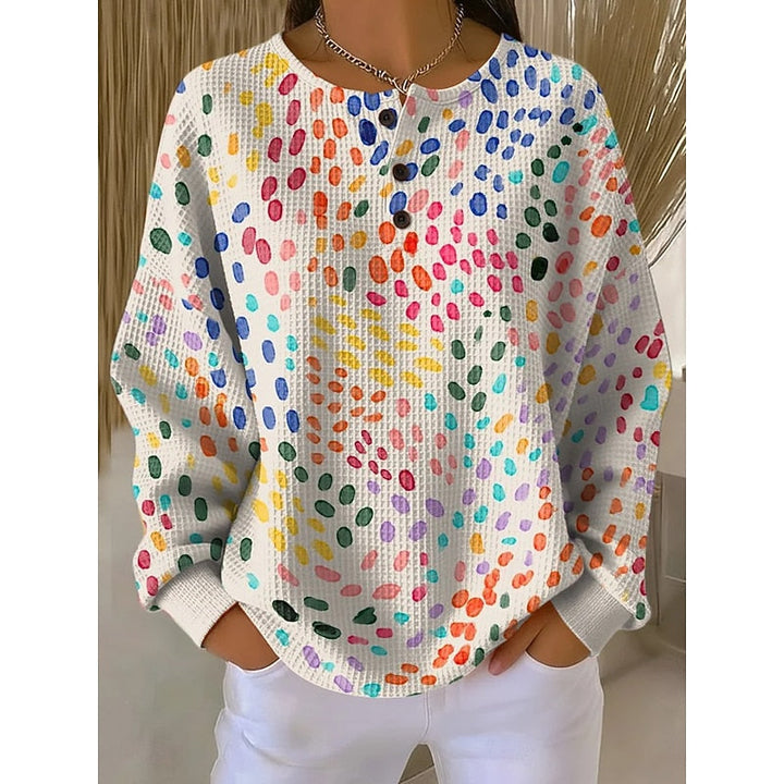Dam Tryck Sweatshirt med Knappdetalj in gul, Bekväm Vardagsstil