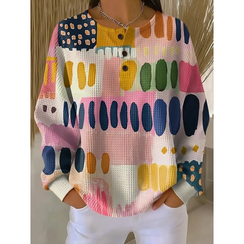 Dam Tryck Sweatshirt med Knappdetalj in rosa, Bekväm Vardagsstil