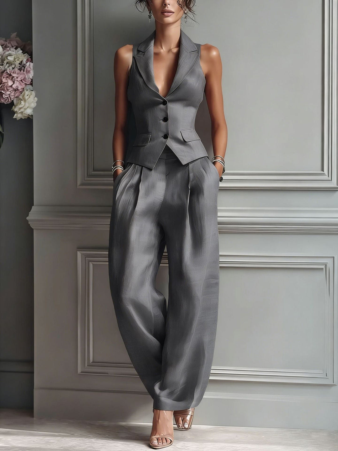 Dam Tvådelad Outfit med V-ringning och Knappar - Elegant - Grå