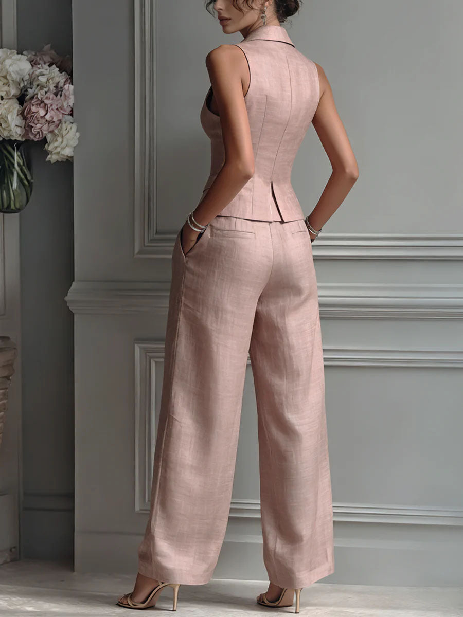 Dam Tvådelad Outfit med V-ringning och Knappar - Elegant