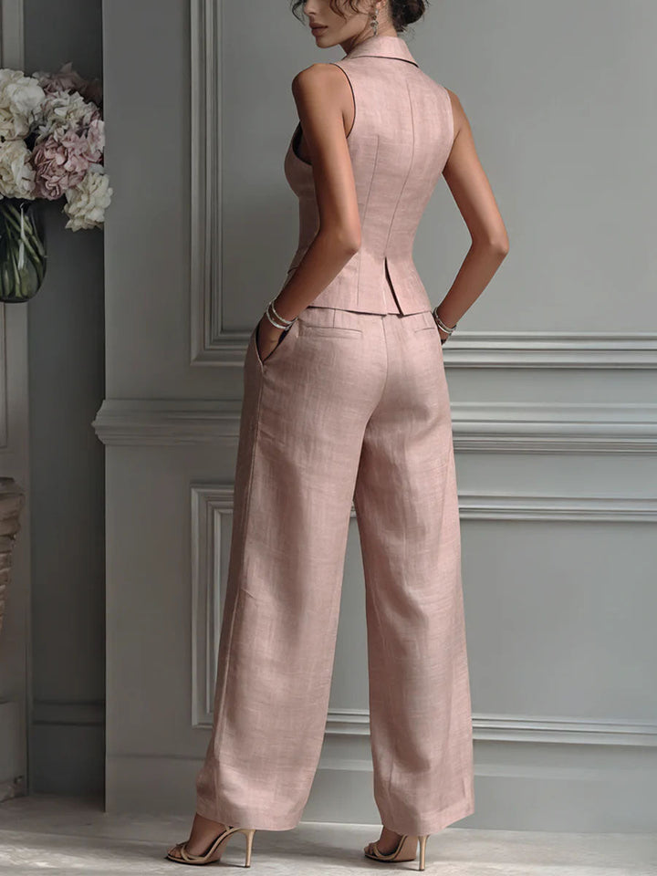 Dam Tvådelad Outfit med V-ringning och Knappar - Elegant