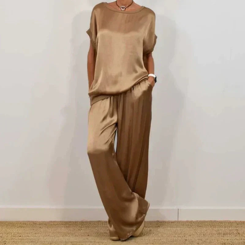 Dam Tvådelad Set Blus och Byxor - Elegant - Kamel