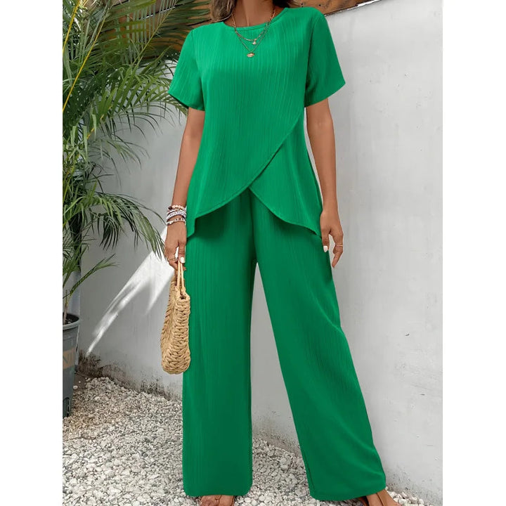 Dam Tvådelad Set Blus och Byxor - Elegant Vardagsstil - Grön