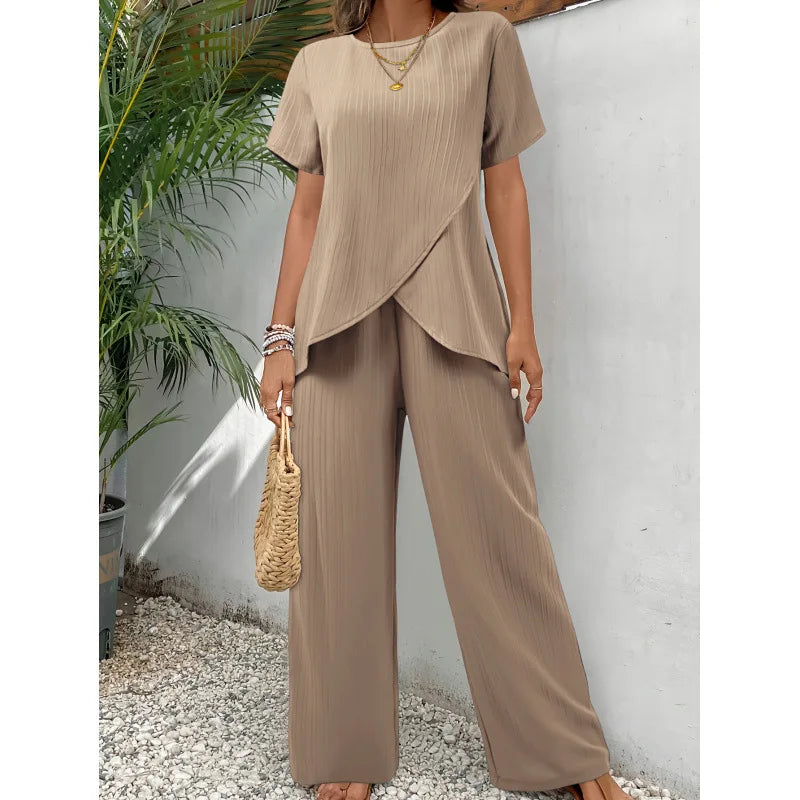 Dam Tvådelad Set Blus och Byxor - Elegant Vardagsstil - Khaki